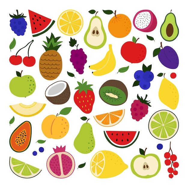 Vector set of hand drawn fruits and berries doodle.