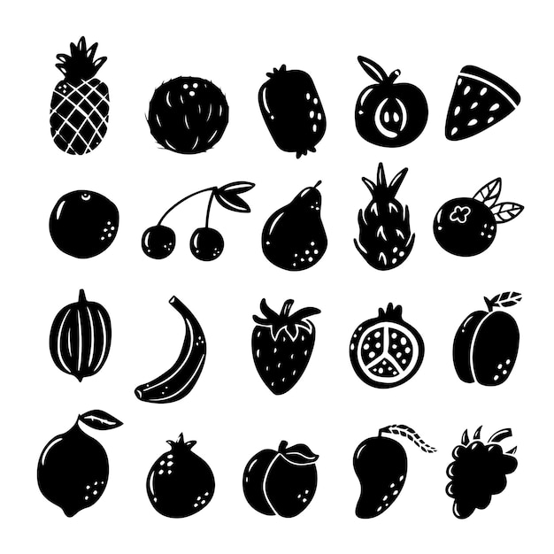 Set of hand drawn fruits black doodle elements