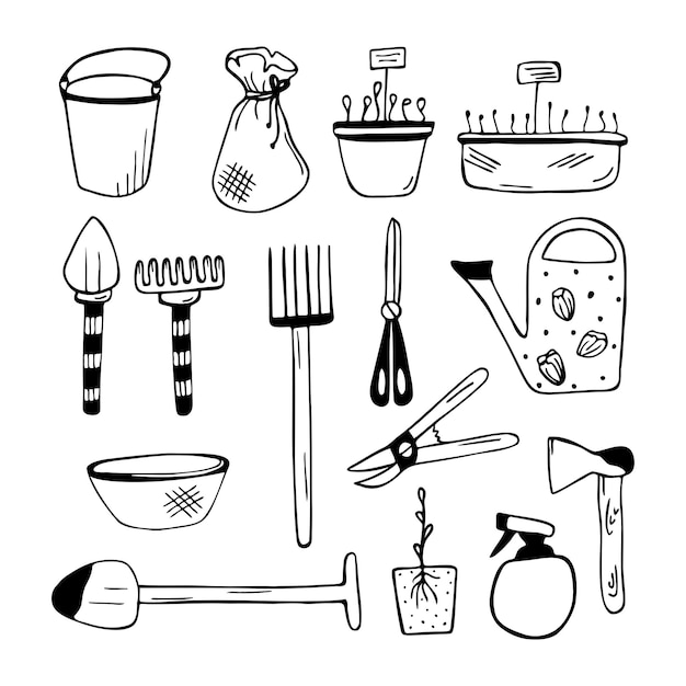 Set of hand drawn garden tools isolated on a white background