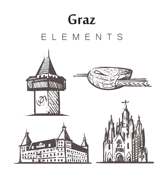 Set of hand-drawn graz buildings