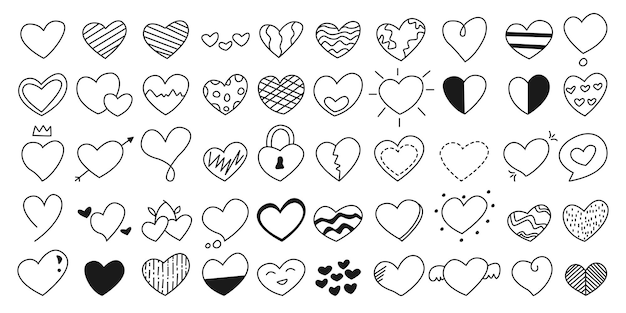 Set hand drawn heart shape doodle illustration