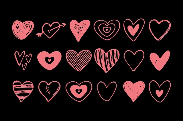 Set of hand drawn hearts Handdrawn rough marker doodle hearts isolated on black background Vector graphic illustration