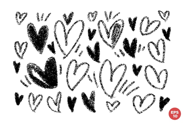 Set of hand drawn hearts Handdrawn rough marker hearts isolated on white background Vector illustration graphic elements