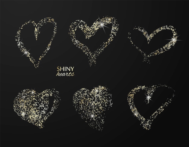 Vector set of hand drawn hearts with golden glitter vector design element for invitations brochures banners and other