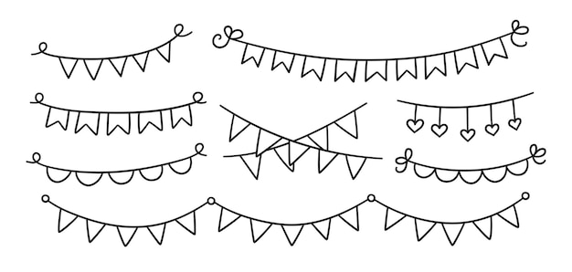 Set of hand drawn holiday buntings. Doodle birthday garland of flags. Children doodle drawing. Isolated vector illustration on white background