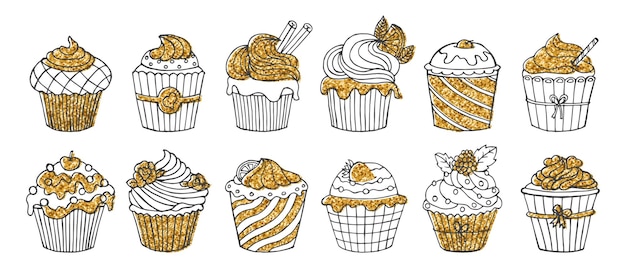 Set of hand drawn holiday cupcakes decorated with gold glitter Icons holiday design elements Vect