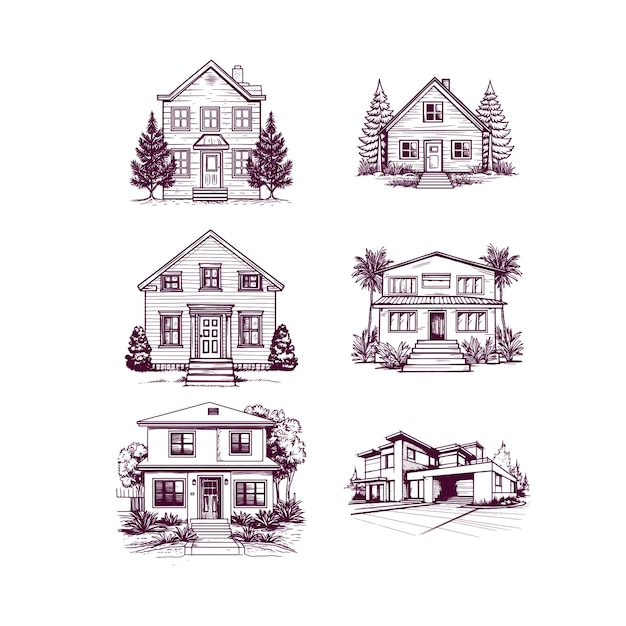 Set of hand drawn house isolated on white background