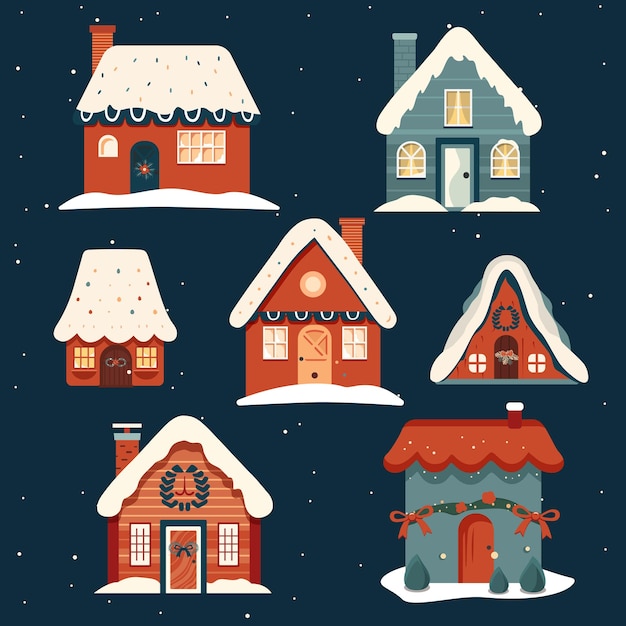 Set of hand drawn houses Scandi christmas illustration cute houses in cartoon style