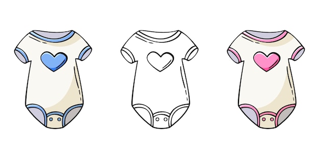 Set of hand drawn icon of baby bodysuits in doodle style for boys and girls