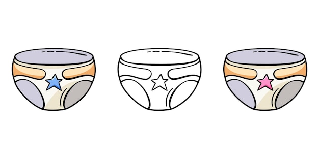 Set of hand drawn icon of diapers in doodle style for boys and girls