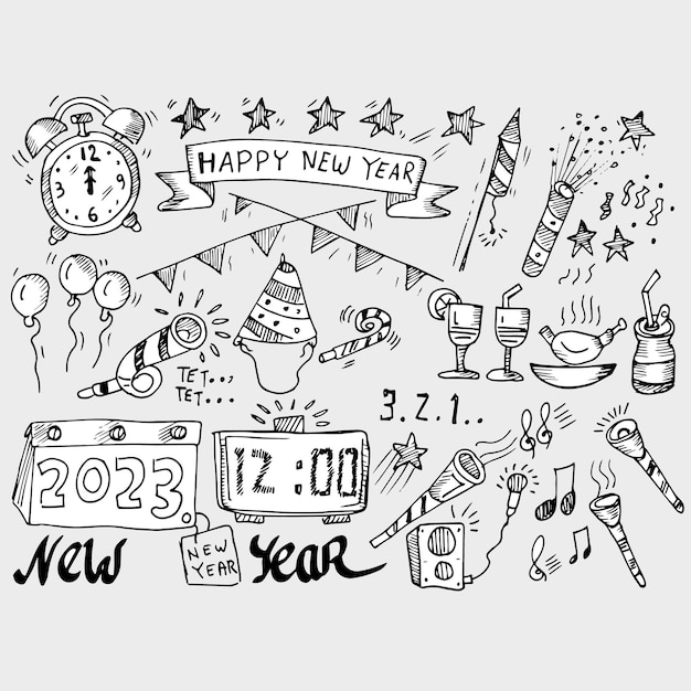 set of hand drawn icons for Happy New Year