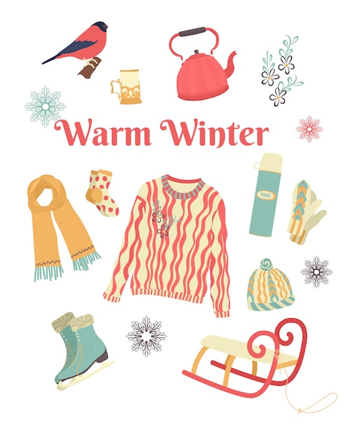 Set of hand-drawn images. Warm winter