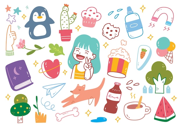 Set of Hand Drawn Kawaii and Girly Object Doodle Element