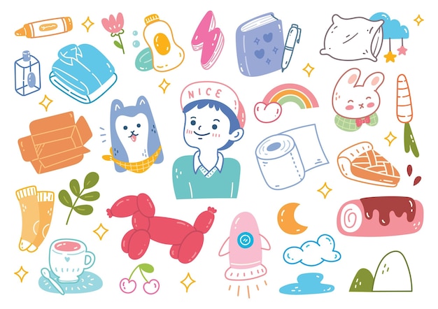 Set of Hand Drawn Kawaii Object Doodle Element vector illustration