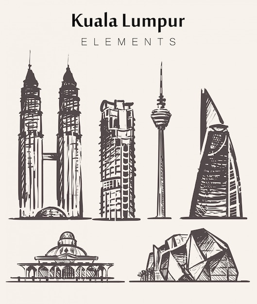 Set of hand-drawn Kuala Lampur buildings.Kuala Lampur elements sketch  illustration.