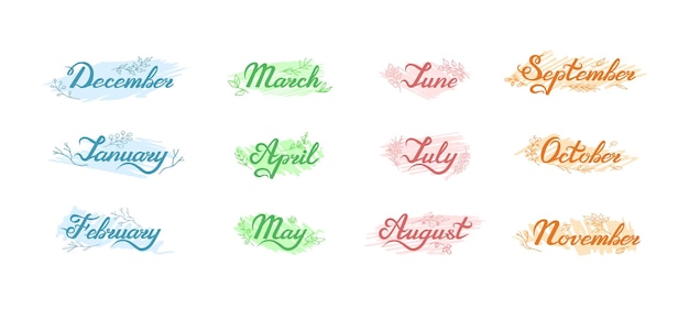 Vector set of hand drawn lettering with names of months on sketchy backgrounds with leaves and branches