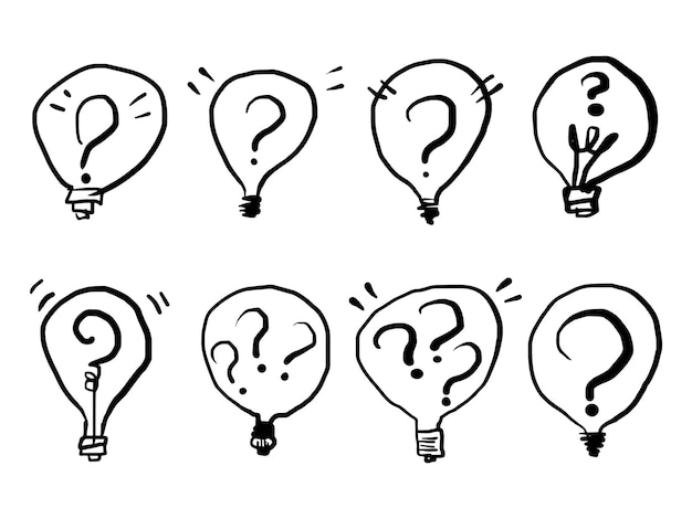 Set of hand drawn Light Bulb Icon with Question sign doodle questions marks isolated on white background vector illustration