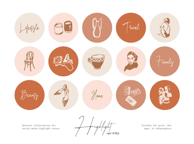 Set of hand drawn line art cosmetics and beauty illustrations for social media highlight cover