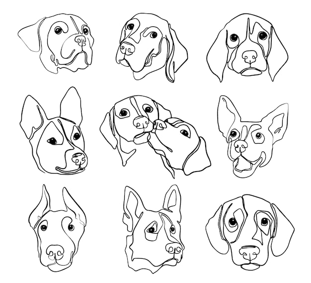 Set of hand drawn line art illustrations of dog characters portraits