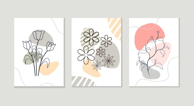 Set of hand drawn line style flower and leaf templates