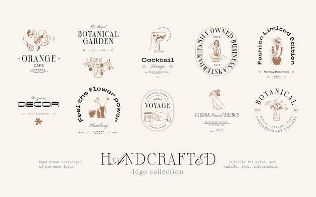 Set of hand drawn minimalist pre-made logos to create brand identity or packaging design