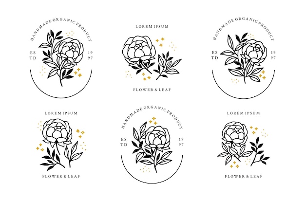 Set of hand drawn minimalistic rose flower, peony, and leaf logo elements 