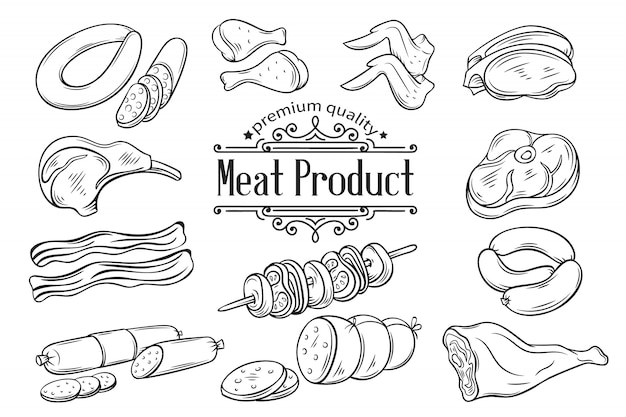 Set hand drawn monochrome icon meat