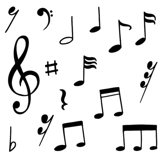 Set of hand drawn music note doodle isolated on white background. Vector illustration.