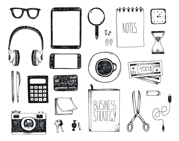 set of hand drawn office tools. Freelance, tools for making business online, entrepreneur.