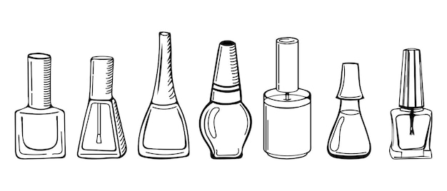 Set of hand-drawn outline bottles with nail polish, cosmetics, make-up. Icons, sketch, vector