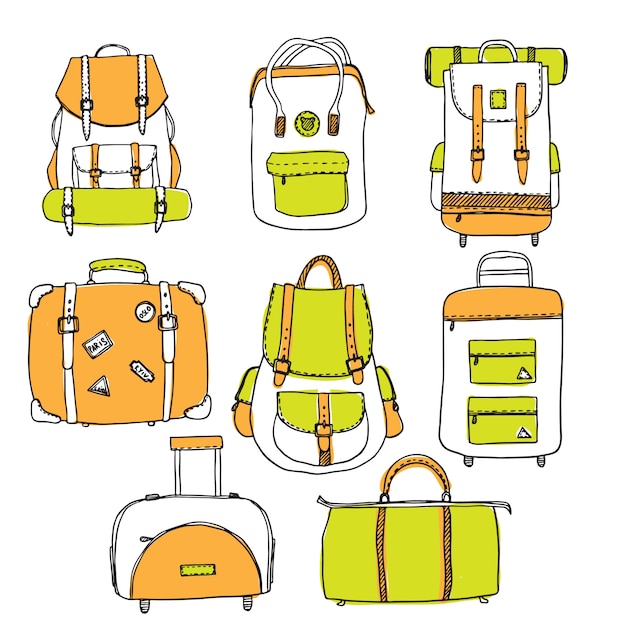 Set of hand drawn outline vector suitcases