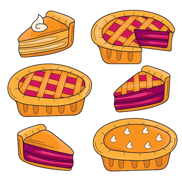 Set of hand drawn pie cartoon style on white Berry and pumpkin pies