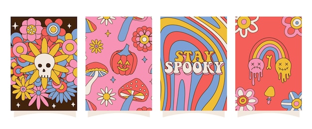 Set of hand drawn a posters and cards hippie spooky flower halloween banner design in modern retro v