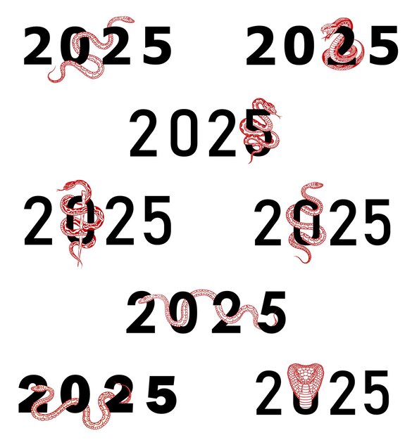 Vector set of hand drawn red snakes entwines and coils around number 2025 for chinese year of the snake