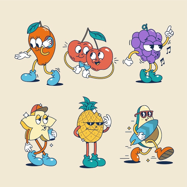 Set Of hand drawn retro cartoon fruits