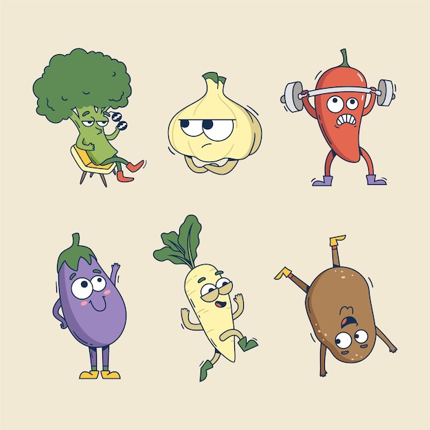 Set of Hand drawn retro cartoon vegetables