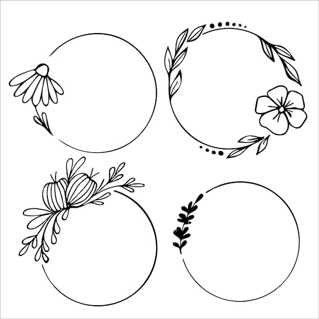 Set of hand drawn round doodle floral with leaves on white background