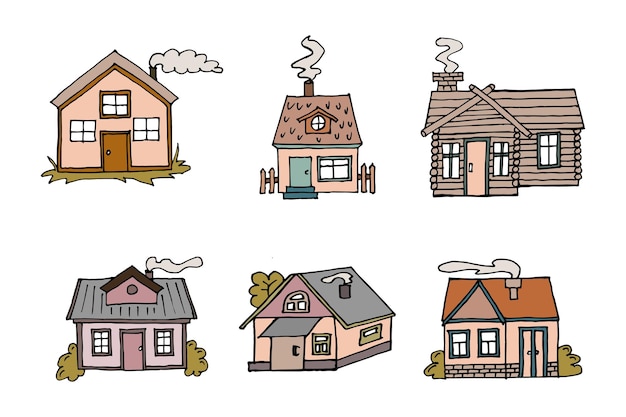 Set of hand drawn rural houses. Illustration, vector