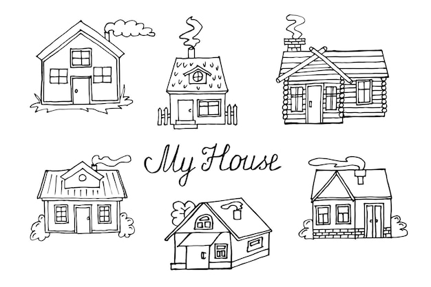 Set of hand drawn rural houses. Sketch, illustration, vector