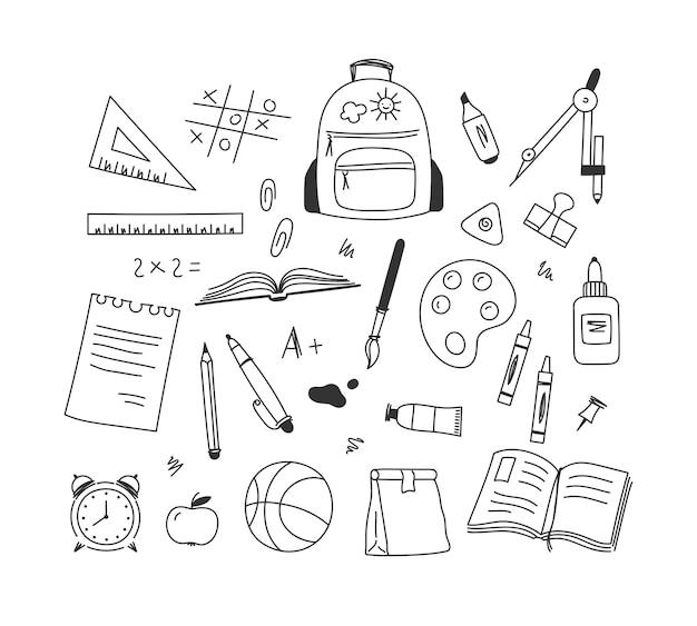 Set of hand-drawn school and student stationery objects.