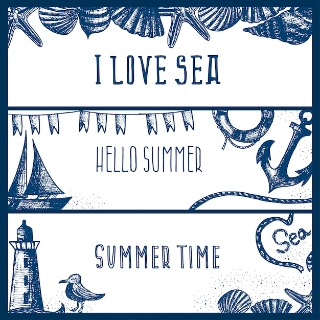 Set of hand drawn sea themed banners.