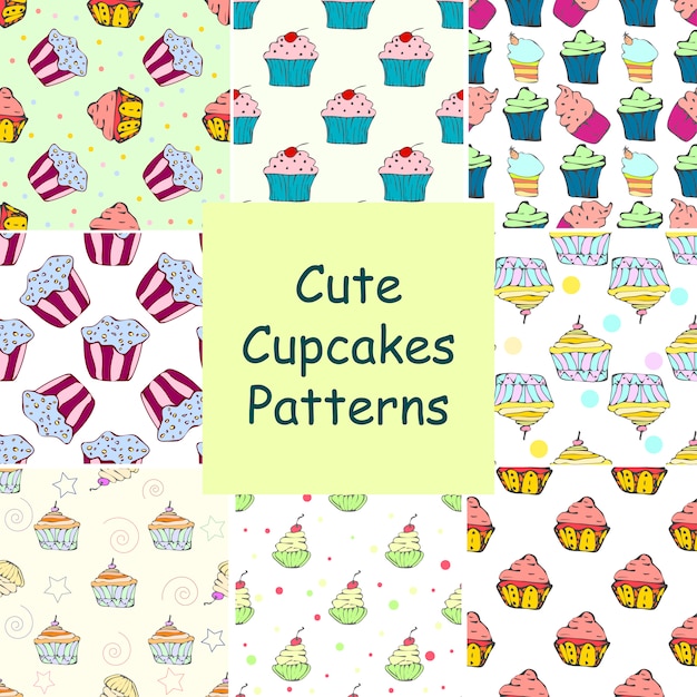 Set of hand drawn seamless patterns with cupcakes