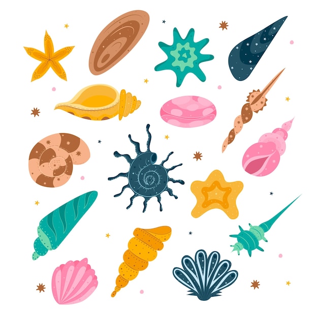 Set of hand drawn seashells and starfish Shells of mollusks of various forms Vector illustration