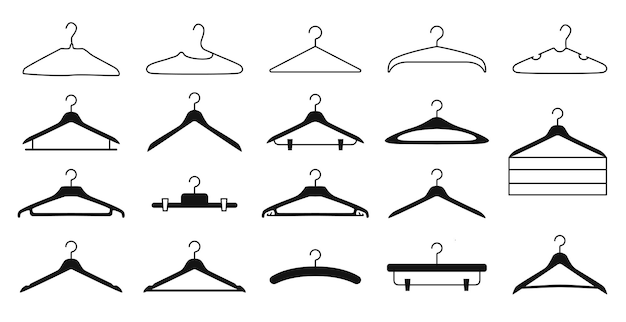 Set of hand drawn shilhouettes of various hangers for tailors sewers isolated on white bg