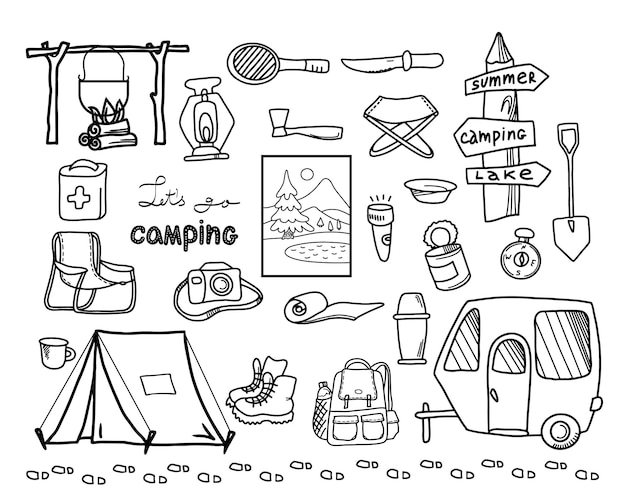 Set of hand drawn sketch camping equipment symbols and icons Doodle elements vector illustration Set of outdoor elements