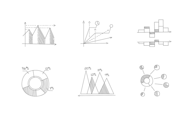 Vector set of hand drawn sketch charts and diagrams business statistics and infographics presentation templates cartoon vector illustration