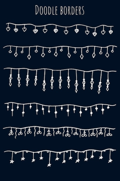 Set of hand drawn sketch white garlands with stars and light bulbs on dark blue background Vector illustration