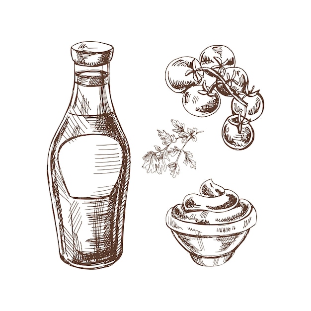 A set of hand drawn sketches of ketchup or sauce in a glass jar and in a bowl and tomato