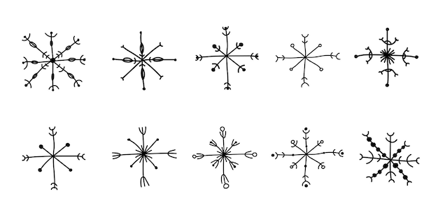 A set of hand-drawn snowflakes in boho style