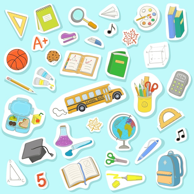 Set of hand drawn stickers of school supplies and objects Back to school